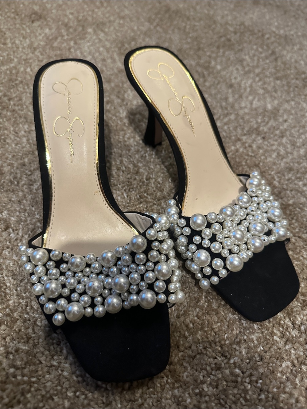 Jessica Simpson Black Pearl-Embellished Slide heels